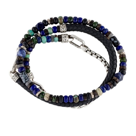 JOHN HARDY WOVEN LEATHER & MULTISTONE TRIPLE WRAP BRACELET OR NECKLACE - Picture 4 of 11